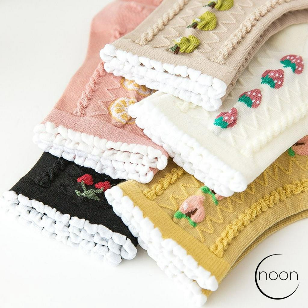 NOON (Provence Alley) Kaos Kaki Wanita Dewasa Korea Vintage Retro Gothic Old school Kerja Sekolah Kantor Dewasa Motif Buah Lucu Imut Katun Import Impor Pendek Atas Mata Kaus Kaki Hitam Cream