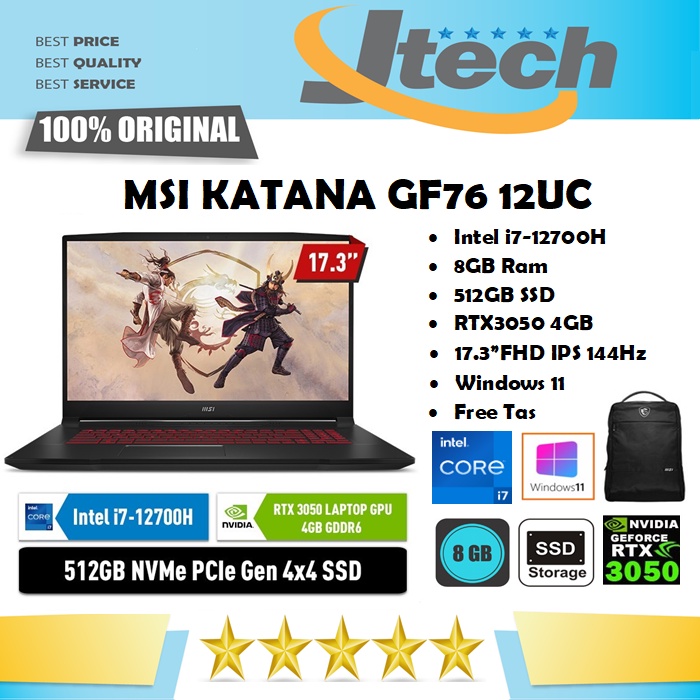 MSI KATANA GF76 12UC 057ID - i7-12700H - 8GB 5- 12GB SSD - RTX3050 4GB - 17.3&quot;FHD IPS 144Hz - W11