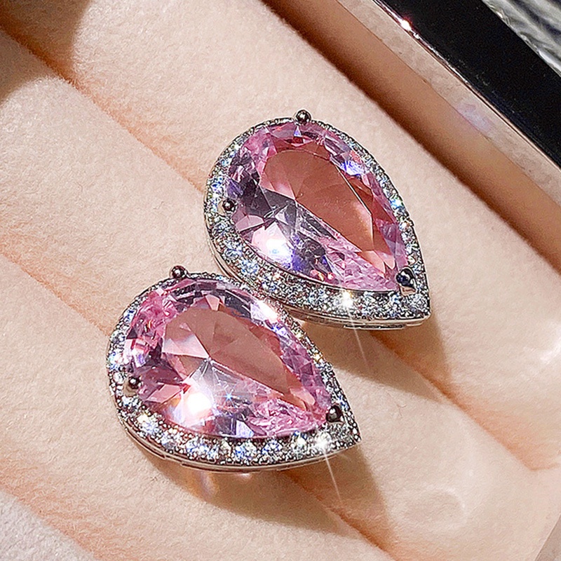 Fancyqube Anting Stud Bentuk Water Drop Warna Pink Untuk Wanita