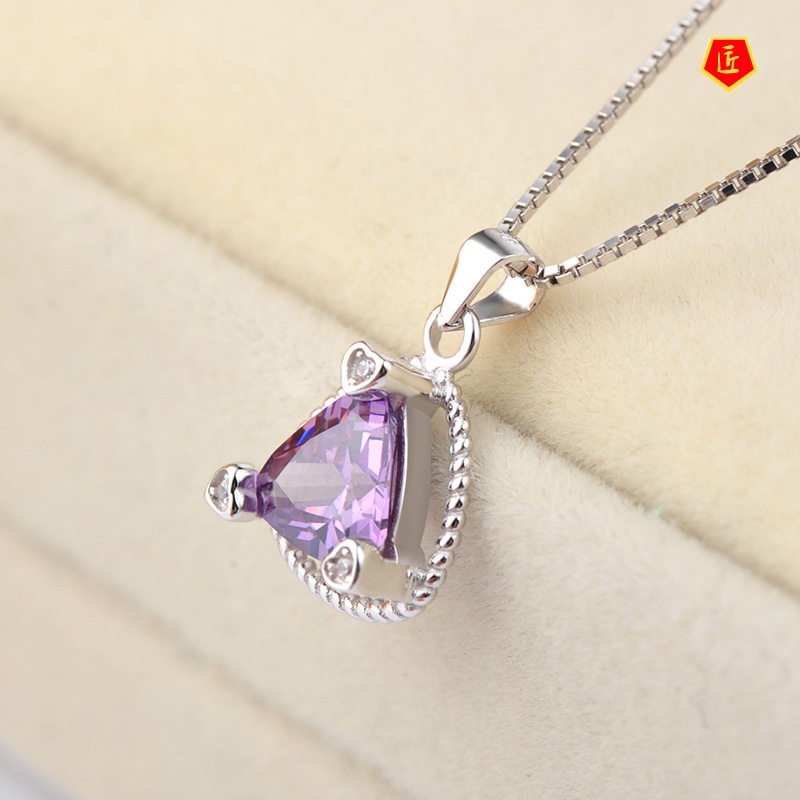 [Ready Stock]Korean Style Triangle Amethyst Gemstone Necklace Simple Fashion