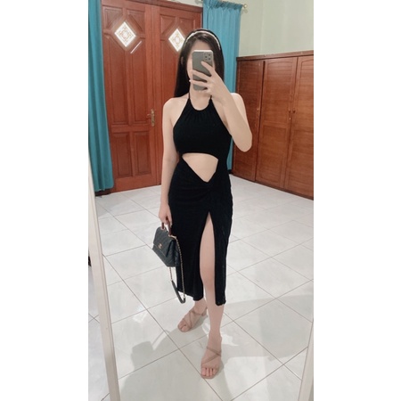 Kelly dress midi korea bodycon sexy black slit elegan murah terusan wanita pluffy choice katun rayon
