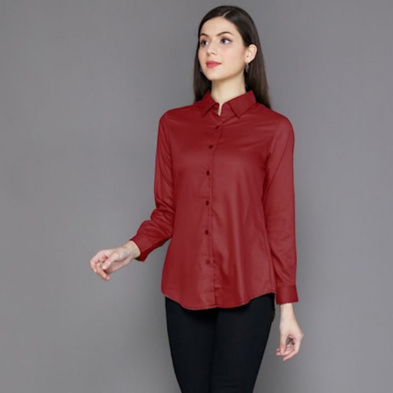 KEMEJA WANITA EXCLUSIVE KEMEJA POLOS BASIC LENGAN PANJANG - MERAH MAROON