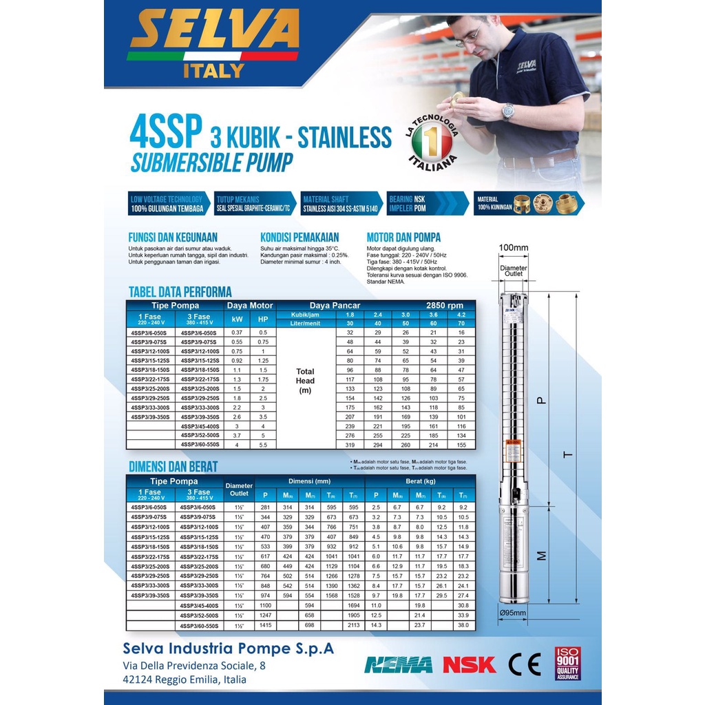 Pompa Air Celub Satelit 4 Inch 0.50 0.75 1 1.5 2 3Hp 220V 4SSP3 SELVA / Submersible Pump Celup 4&quot; Impeler PLASTIK