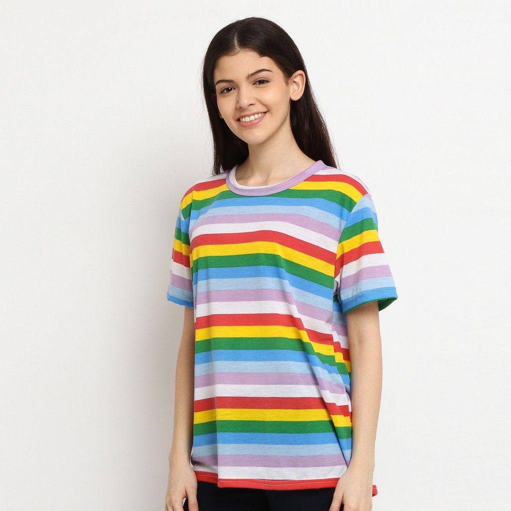 KAOS T-SHIRT ONECK MOTIF GARIS PELANGI SWEET CANDY RAINBOW - YELONIX