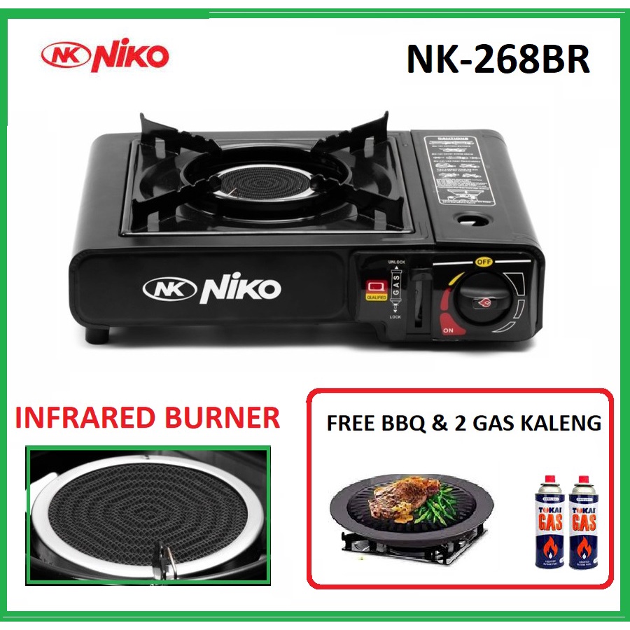 PAKET HEMAT Niko Kompor Gas Portable FREE BBQ &amp; 2 Gas kaleng NK 268BR INFRARED/Bara Api 2in1