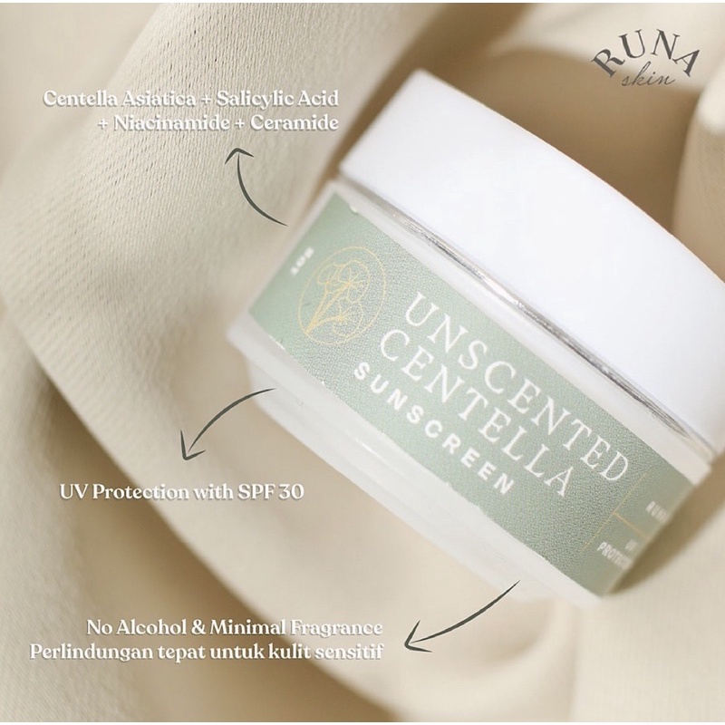 RUNASKIN Unscented Centella Sunscreen SPF30 PA++ BPOM 10gr / Tube 30gr - Runa Skin Tabir Surya Centella Asiatica