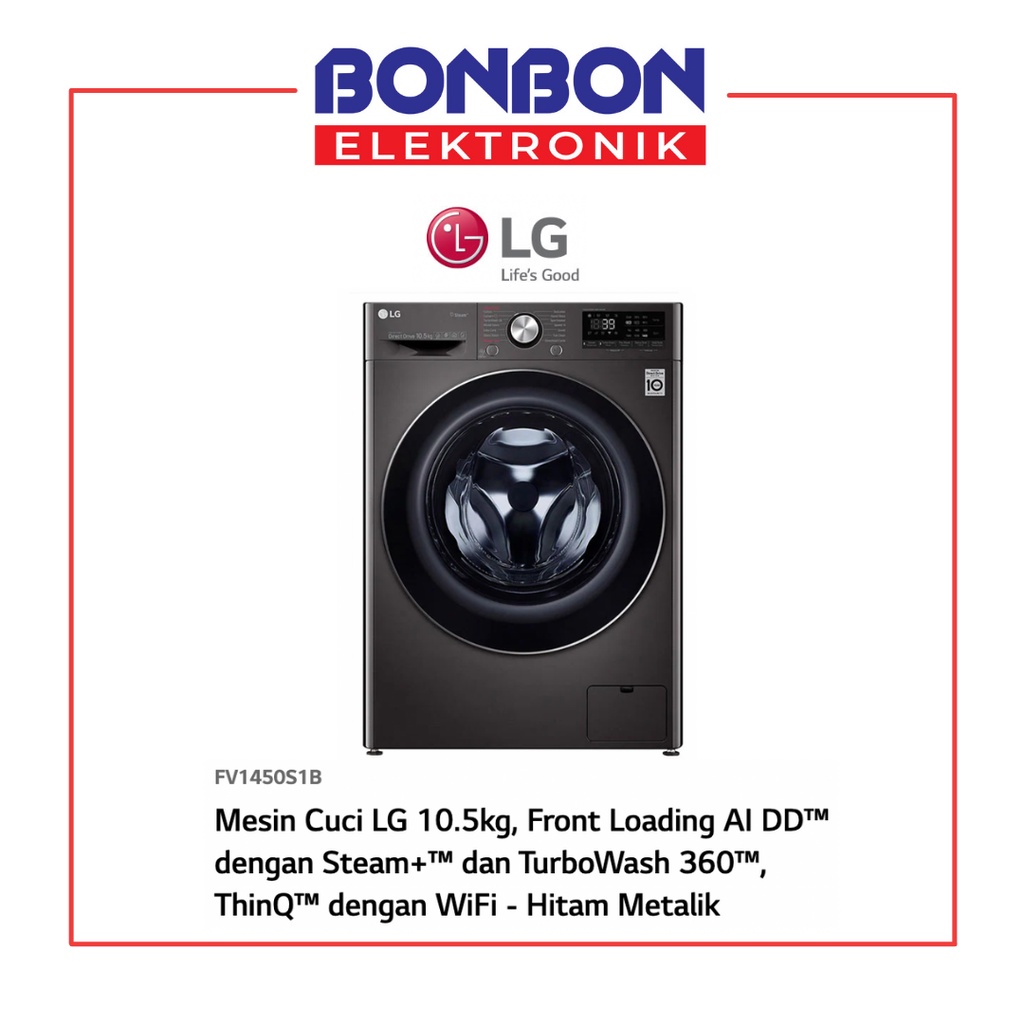 LG Mesin Cuci Front Loading 10.5KG FV1450S1B Inverter ThinQ Wifi