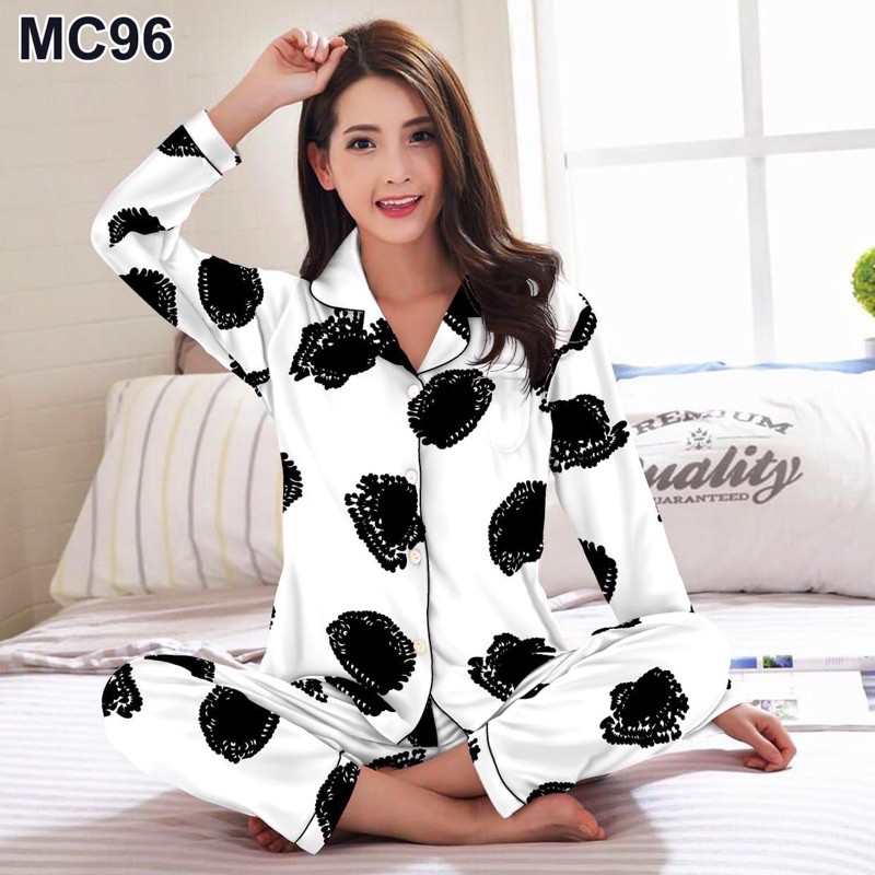 Bestfashions BAJU TIDUR PIYAMA PAJAMAS Pp DEWASA WAMITA motif HK Shopping 2w - bahan KATUN JEPANG-pp poladkot putih