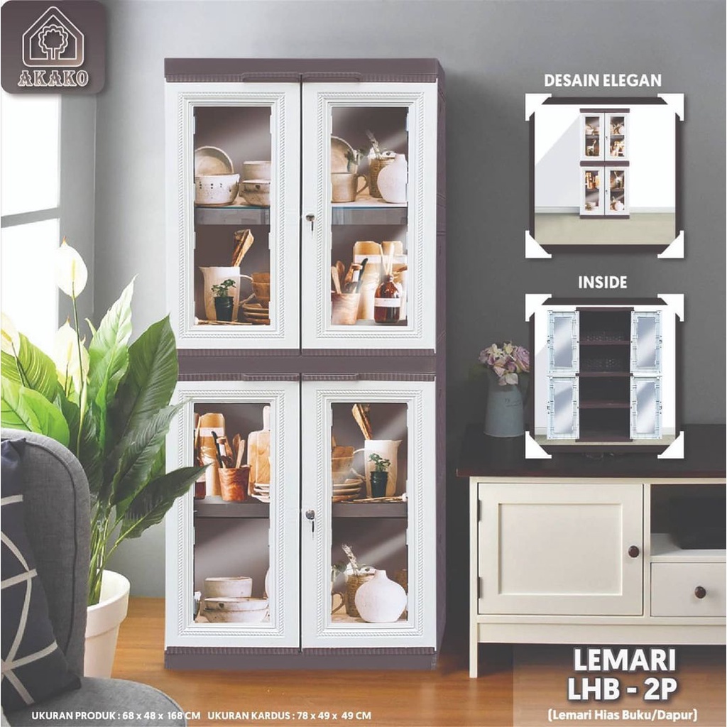 JUMBO LEMARI PLASTIK AKAKO ELEGANT PINTU KACA LHB LEMARI HIAS LEMARI BUKU LEMARI DAPUR KITCHEN SET KACA FULL KUNCI 2LEMARI 2 PINTU LEMARI 4 SUSUN