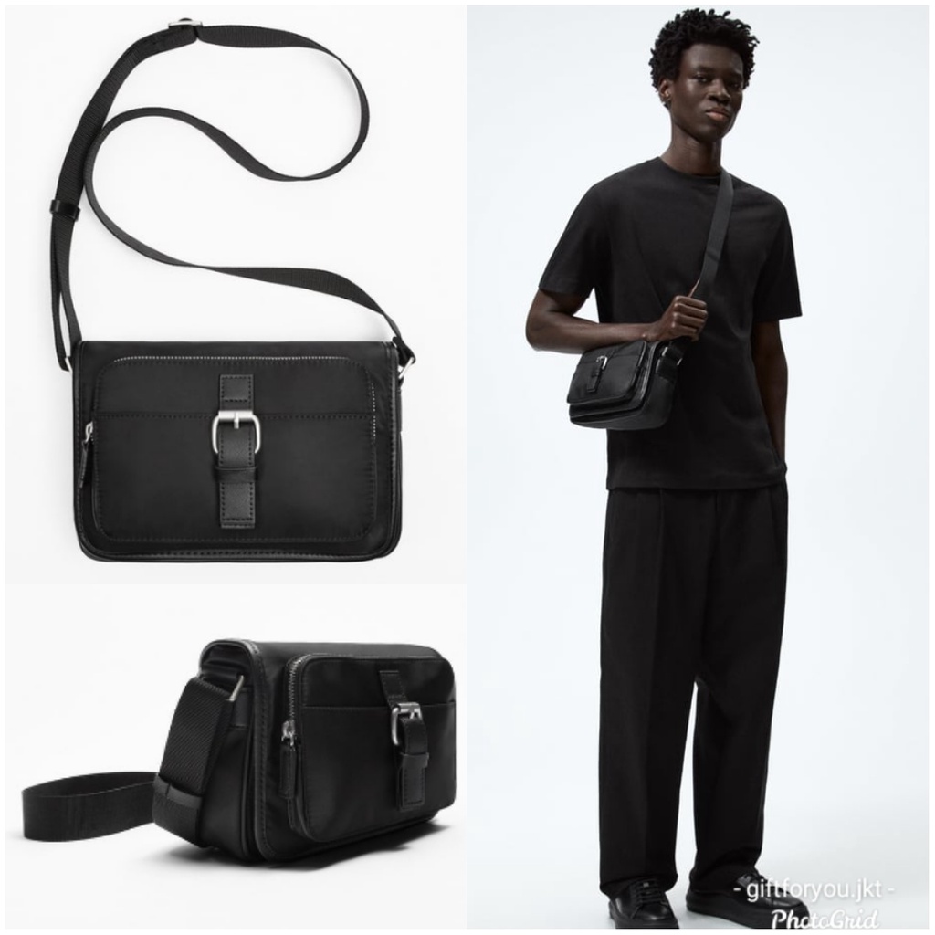 Tas Selempang Pria Zara Man Crossbody Bag Matching Nylon Black Hitam Cowok Man Laki-laki Casual Kasu
