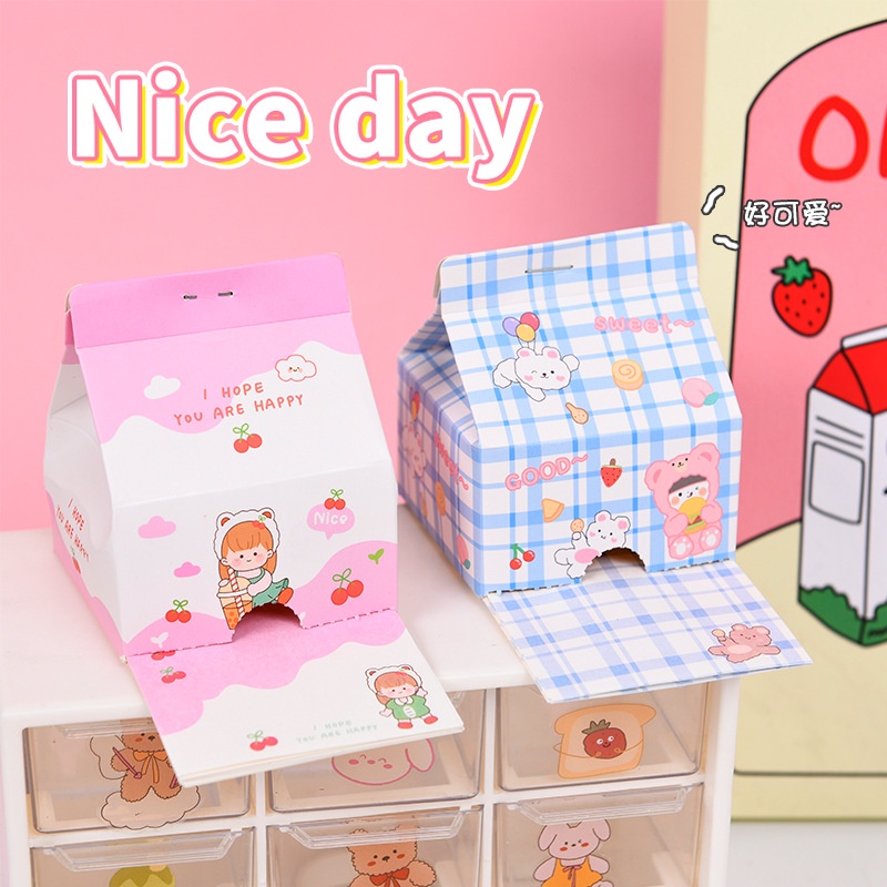 MYKOCHEN.INA Sticky Note Memo Pad Notepad Kotak Susu 200 Lembar Lucu Berkarakter Decorative Aesthetic Post It Milk Box Journal Catatan Scrapbook