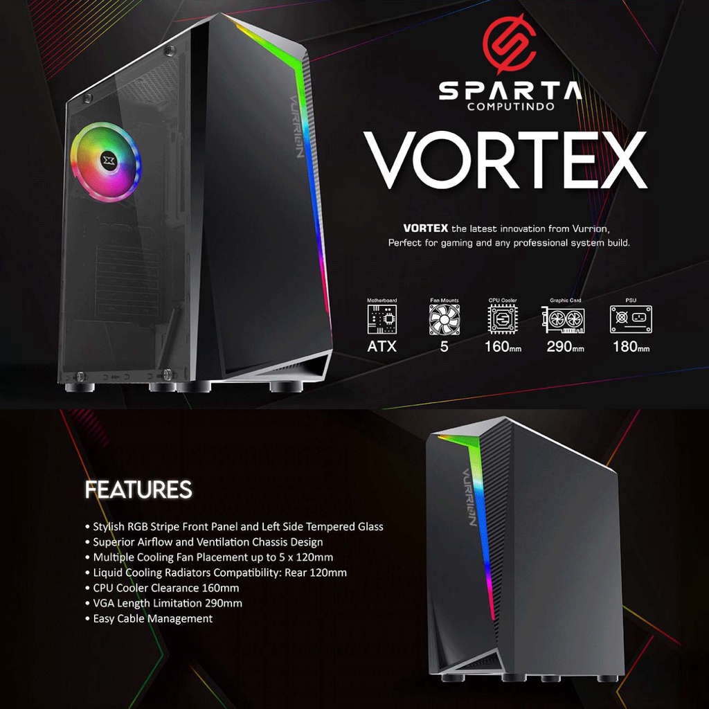 Casing Vurrion Vortex Froze Black Mid Tower Gaming Case