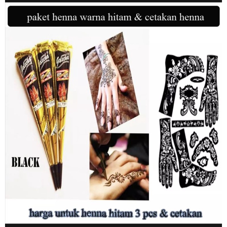 Henna Tangan - Hena tangan Golecha Hitam 3 Pcs dan Cetakan stiker hena