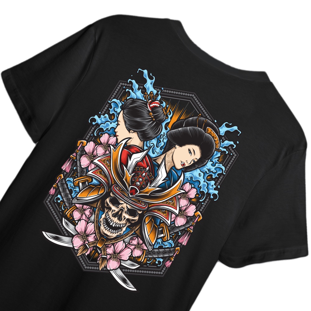 KAOS SKULL SAMURAI WITH GEISHA ILLUSTRATION -T-SHIRT SKULL SAMURAI WITH GEISHA ILLUSTRATION