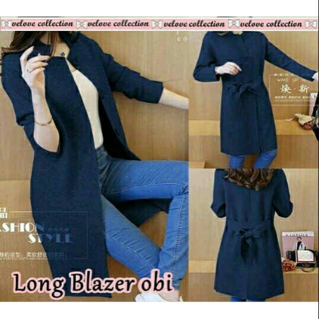 Long obi blazer navy jas panjang wanita dongker korea japan style kasual casual formal keren murah