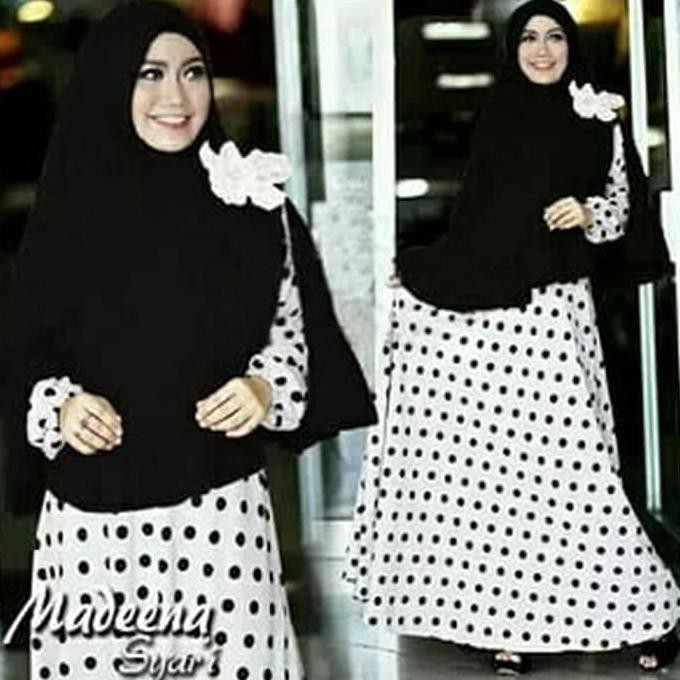 ANEKA TUNIK GAMIS MADENA SYARI PUTIH MAXIDRESS WANITA MUSLIMAH HIJAB POLKADOT SD3
