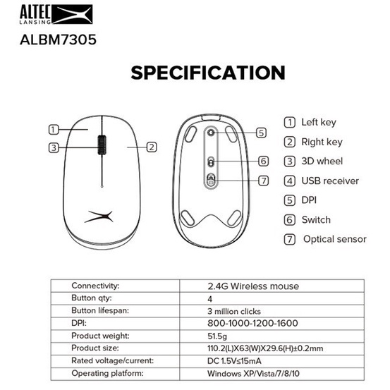 Mouse Wireless Altec Lansing ALBM7305 ALBM 7305 Slim