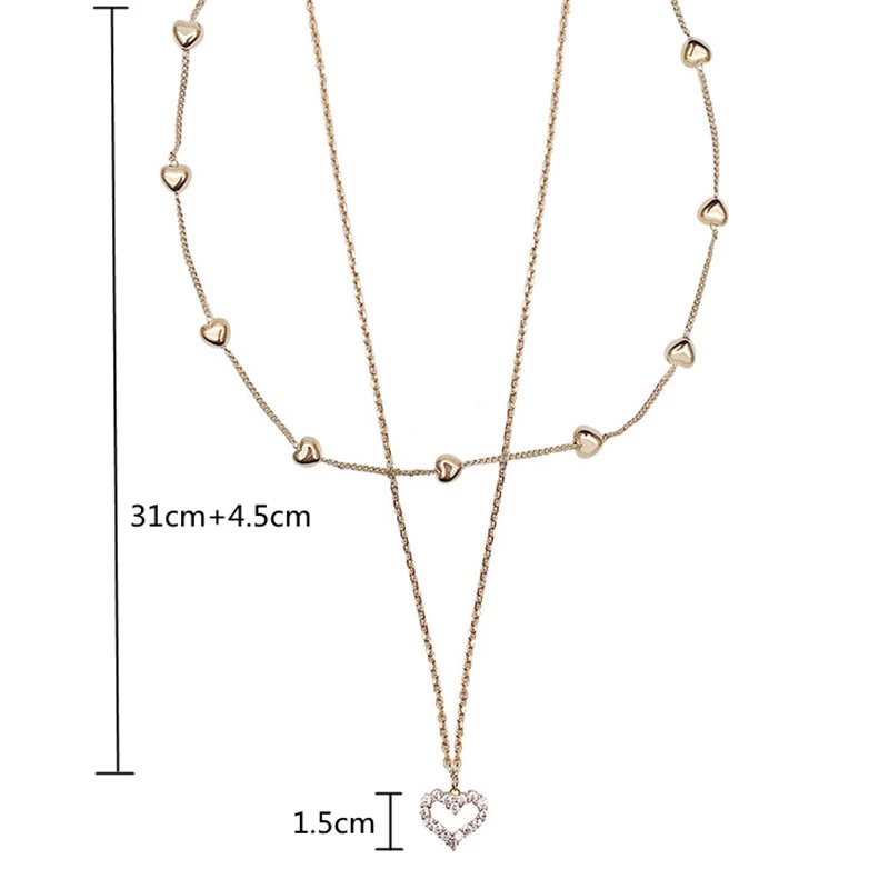 Women Gold Color Double Layer Alloy Heart Zircon Pendant Necklace