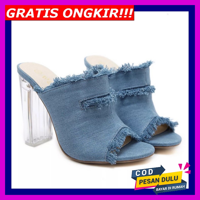 Sandal Hak Pendek Wanita Sendal Selop Jepit Heels Pesta Casual Kondangan Motif Kepang High Heels Kac