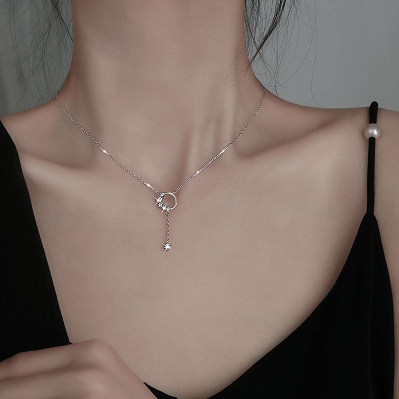 Kalung Choker Rantai Klavikula Bentuk Bulat Hias Liontin Rumbai Kristal Kilau Untuk Wanita