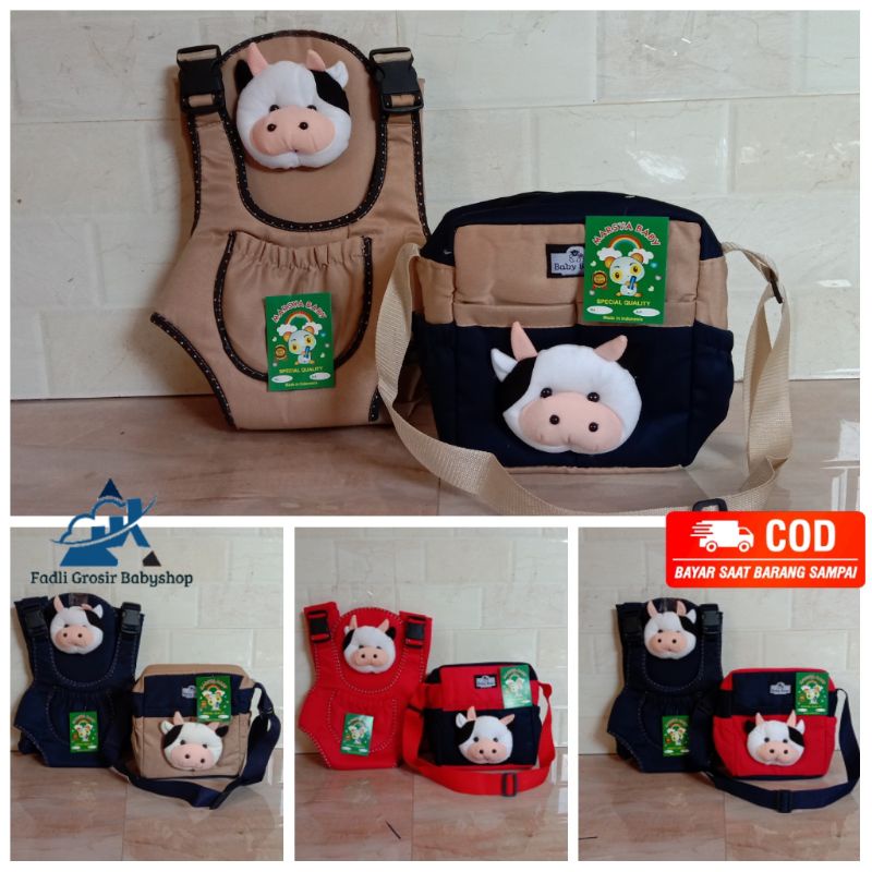 Paket Hemat ( 2 in 1 ) Tas Bayi Boneka Sapi Dan Gendongan Bayi Depan Ransel