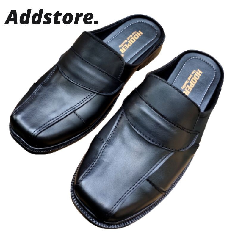 SANDAL SEPATU KULIT ASLI HOOPER WARNA HITAM SELOP COWOK BUSTONG KERJA