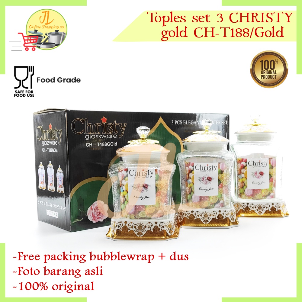 toples set 3 kaca motif Gold kue / permen CHRISTY CH-T188/Gold
