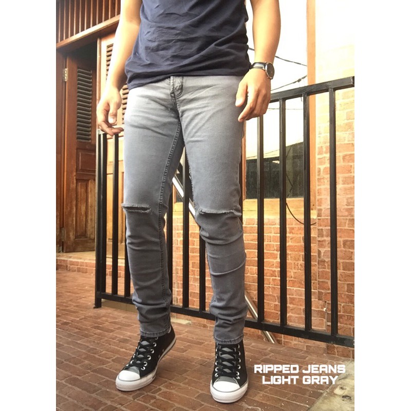 CELANA SOBEK DENGKUL ABU/GRAY RIPPED JEANS/SOBEK LUTUT/CELANA IMPORT/TERMURAH/TERBARU/PROMO