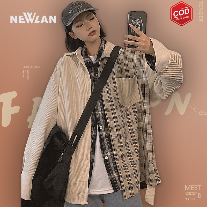 Newlan Cs003 Kemeja Oversize Wanita Korea / Kemeja Corduroy / Kemeja Kotak Casual Jumbo