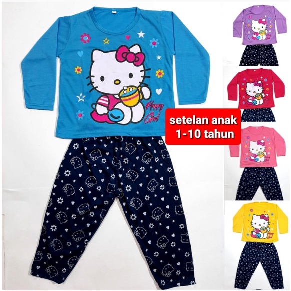 setelan 1- 10 thun kaos anak perempuan celana lengan panjang PP baju tidur SML XL cewek kity grosir