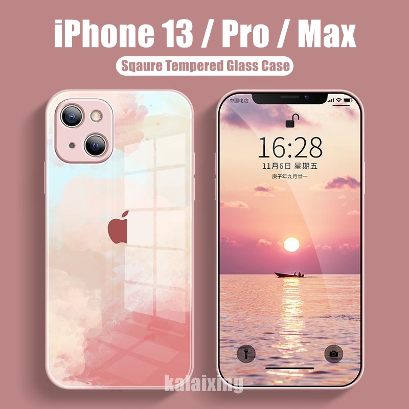 WaterColor Tempered Glass Case untuk iPhone 13 Pro Max 12Pro 12Mini Cover