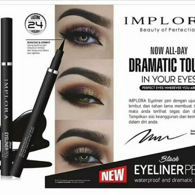 Implora Black Eyeliner Pen (waterproof and dramatic look) warna hitam anti air murah