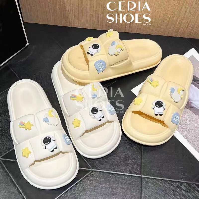 PVC Sandal Slop Wanita Rubber Super Soft Slippers import Elastic Astronaut Moon Summer Sandals Bahan Karet Lentur