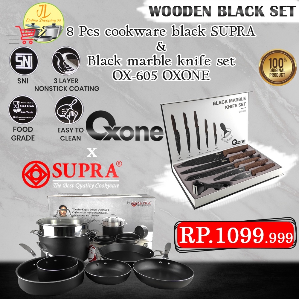 8pcs premium black series by renatta moeloek / cookware set knife oxone OX-605 / paket panci set sup