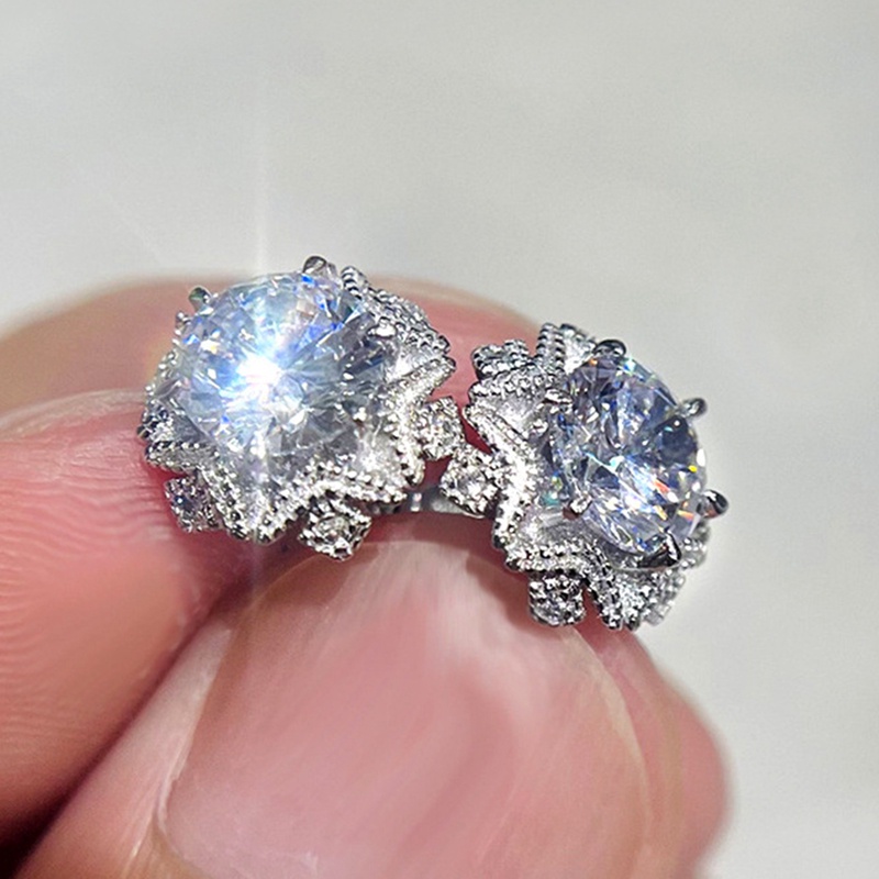 Anting Stud Cubic Zirconia Desain Bunga Sparkling Untuk Wanita