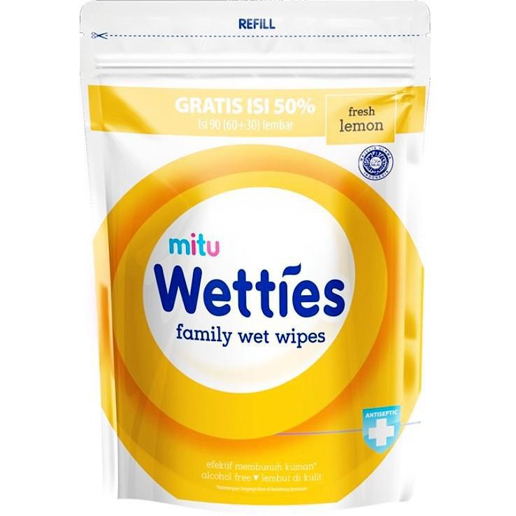 MITU WETTIES FAMILY WET WIPES FRESH CLEAN LEMON FRESH ANTISEPTIC BOTTLE REFILL ISI 90 S 90S