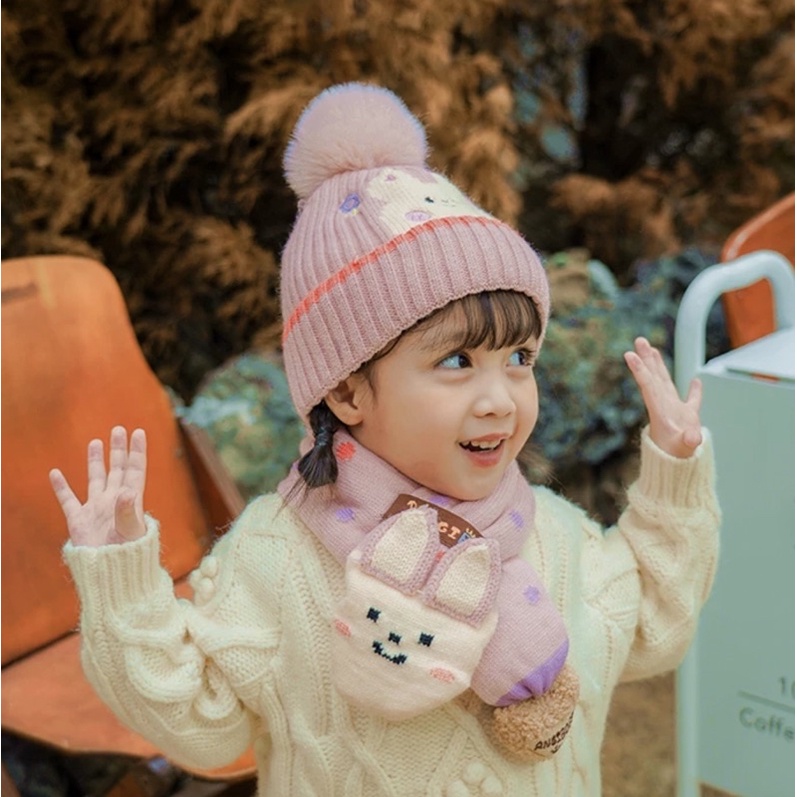 Beanie set kids topi syal winter anak kupluk musim dingin balita hangat import cute lucu penghangat leher kepala cowok cewek dino rabbit