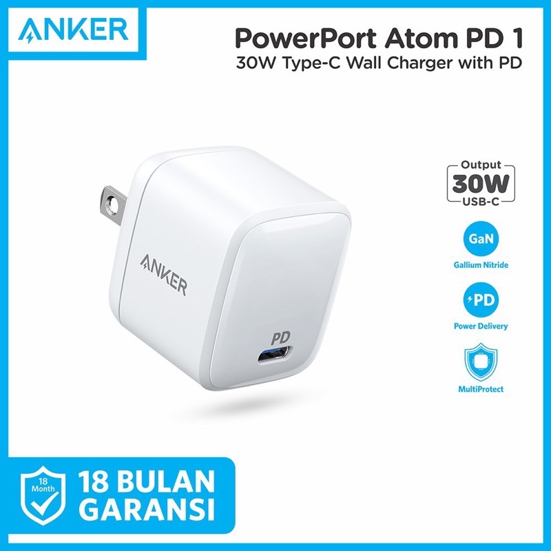 Wall Charger Anker PowerPort Atom PD 1 30W GaN Fast Charging with Kabel Cas Usb Type C to C Cable PD