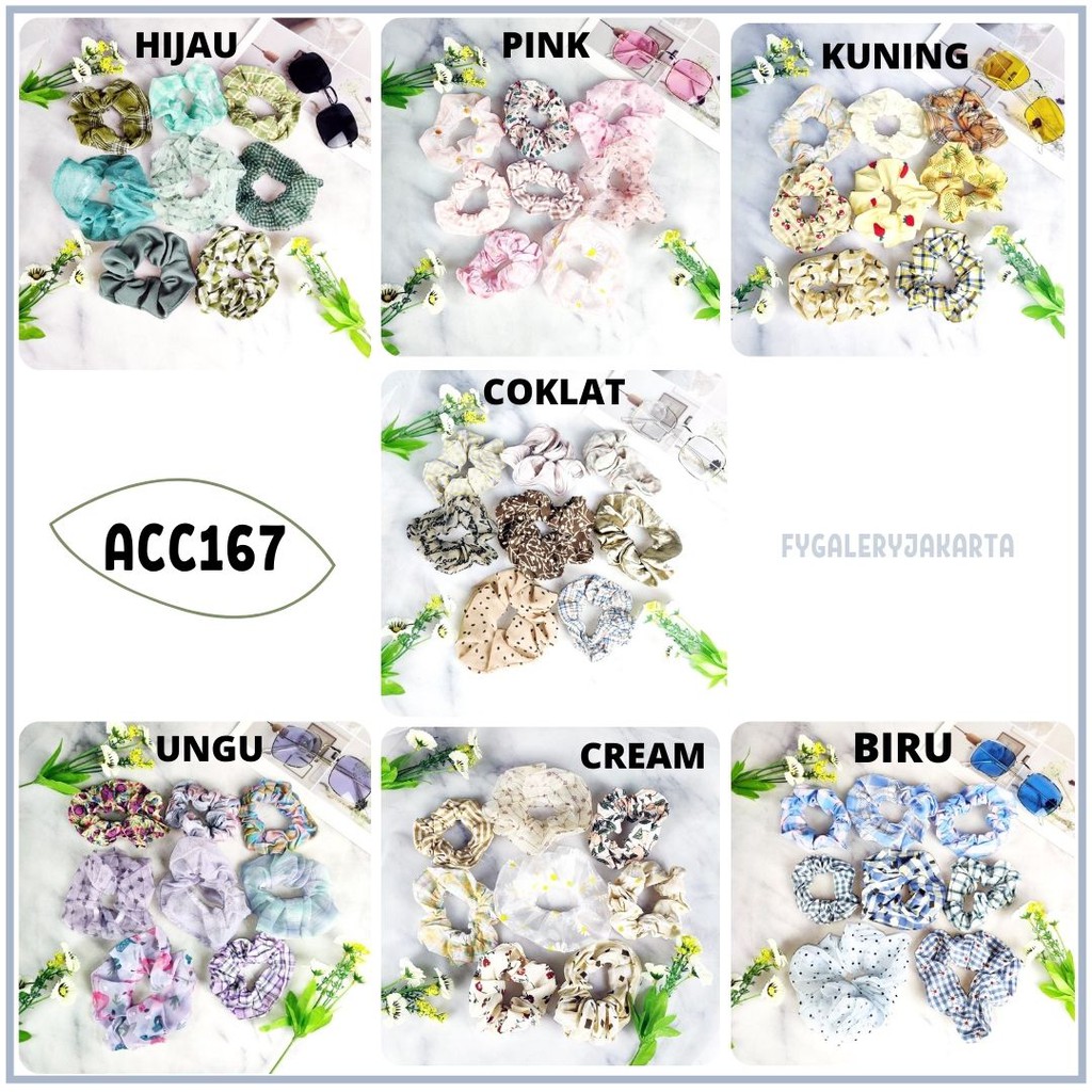 MARKAS  ACC167 Scrunchie Besar Motif Bunga Ikat Rambut Hijab Hairband Aesthetic Isi 8 Pcs Aksesoris Rambut