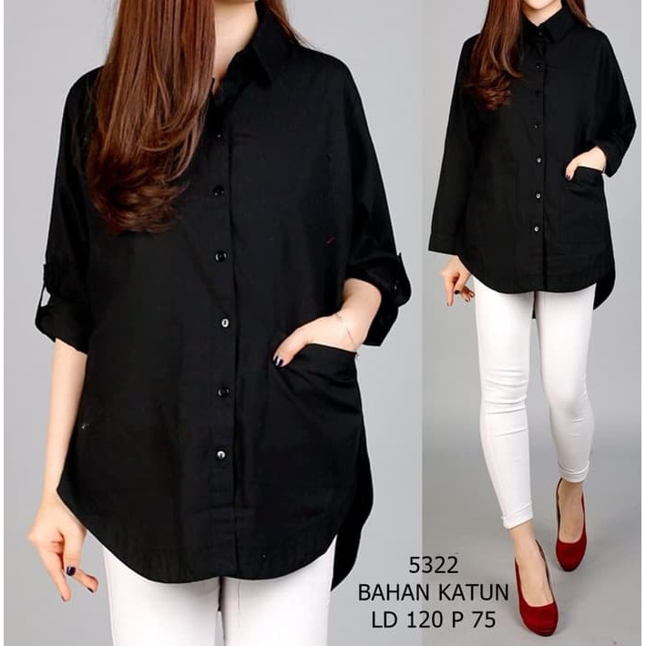 Vm Kemeja Jumbo Big Size Kemeja Besar Murah  PL325 Jumbo Kemeja Pocket Hitam [Baju Atasan Wanita 01