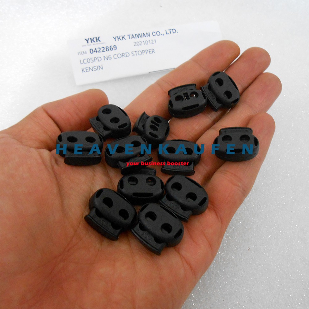 Stopper Tali YKK Dua Lubang Warna Hitam Untuk Tali Kecil 1,5 mm s/d 2,5 mm Harga Per Biji