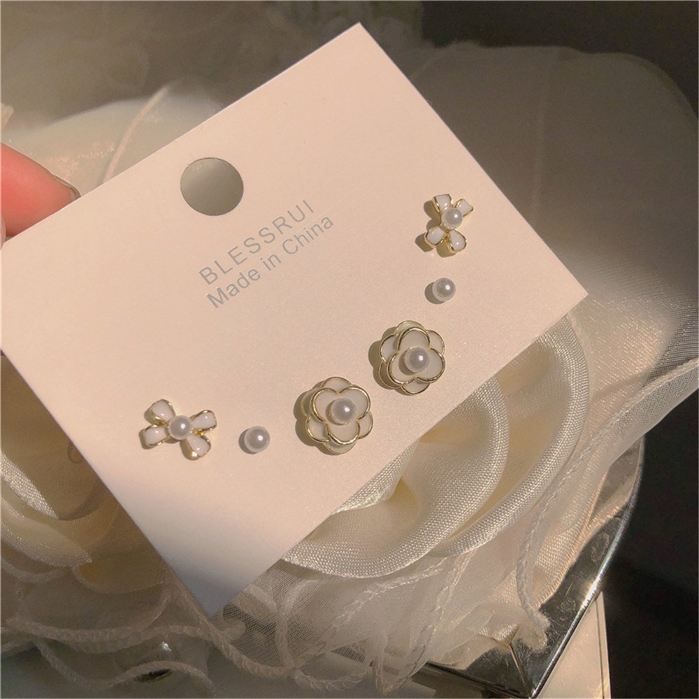 3 Pasang / set Anting stud Desain camellia Opals Bahan 925 silver Gaya Korea Untuk Wanita