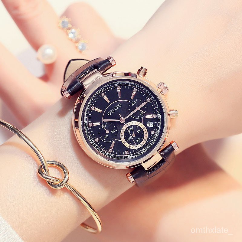 【Factory Outlet】GUOU Jam Tangan Wanita Fashion Amerika Guou Tiga Mata Multifungsi Jam Tangan Quar