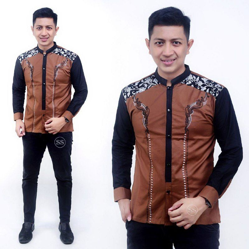 Baju Koko Pria Lengan Panjang Motif Kobata Kombinasi Batik Warna Coksu