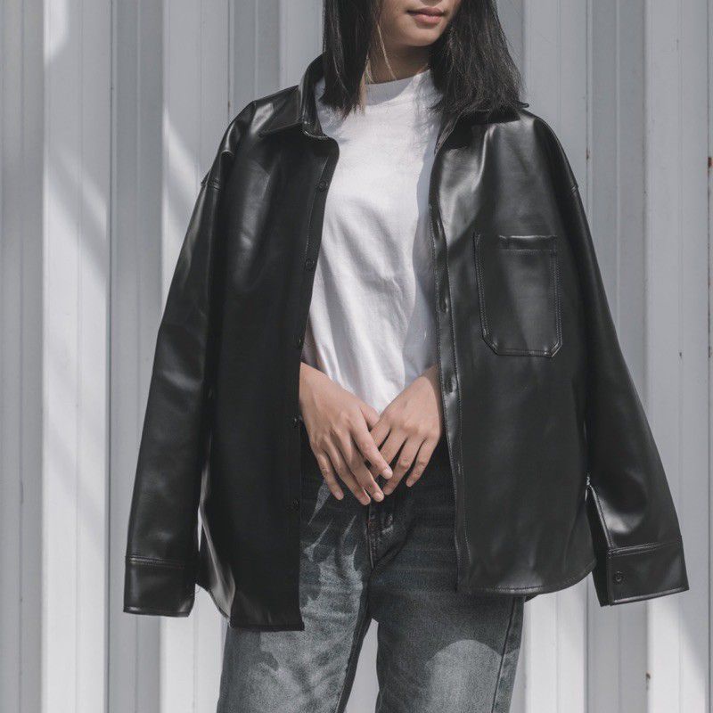leather shirt long Sleeve/leather jacket woman/atasan kemeja kulit