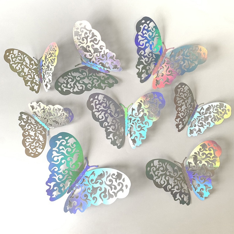 12pcs / 3 Ukuran Stiker Butterfly Hollow 3d Aksen Kristal Untuk Dekorasi Dinding Kamar Tidur