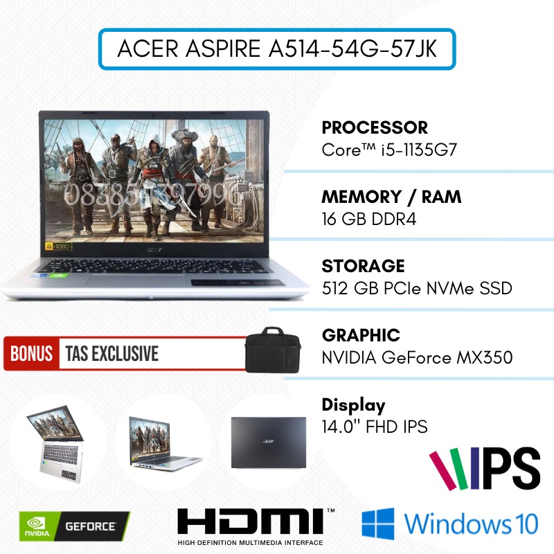 LAPTOP ACER CORE I5 GEN 11 TERBARU RAM 16GB DDR4 SSD 512GB + SLOT HDD VGA NVIDIA GEFORCE MX350 14&quot; FHD IPS SILVER BLACK FREE TAS EXCLUSIVE ASPIRE A514-54G-57JK - TEKNO KITA