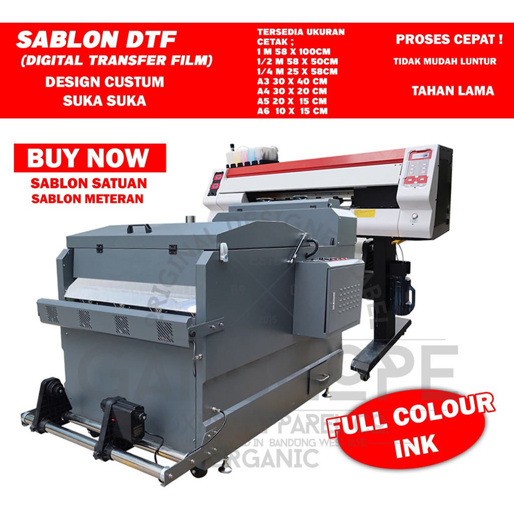 

Cetak Sablon DTF SIAP PRESS Lebar 60cm A4, A3, 1/2Mtr, 1meter siap cetak