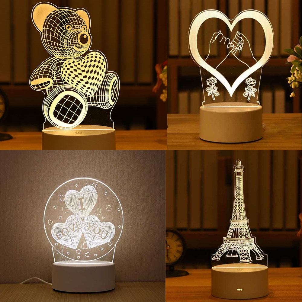 Lampu Meja Lampu Tidur LED 3D Acrylic Cocok untuk hadiah anak 3D karakter teddy bear dan Love Lampu meja Kamar tidur 3D Lamp Acrylic USB LED Night Light Xmas Party Wedding Decoration Night Light Home Gift Unicorn Heart Neon Lamp New Year Gifts