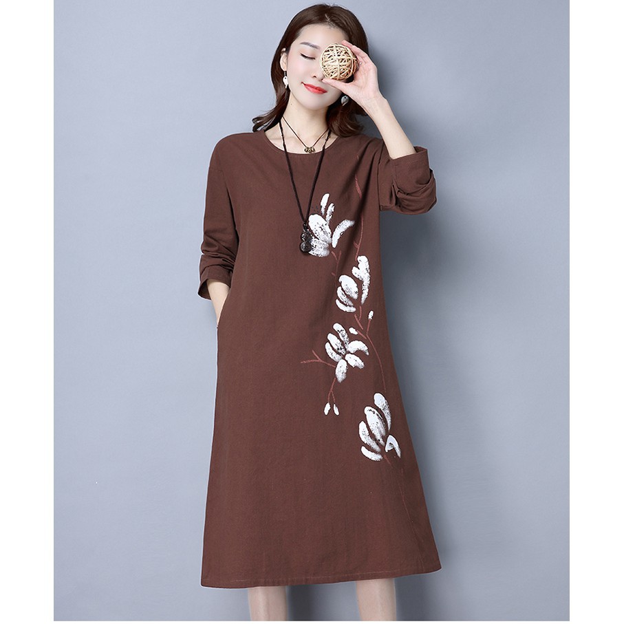 Dress Lengan Panjang Casual Model Longgar Gaya Vintage Versi Korea Bahan Katun Linen untuk Wanita